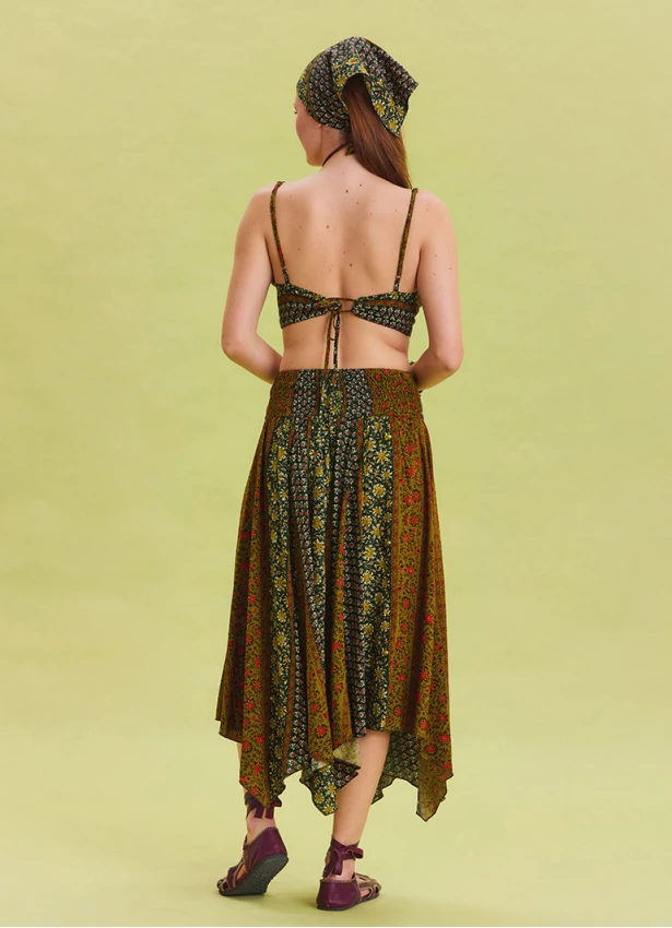 Green Patterned Asymmetrical Skirt with Gipe Detail and Tied Waist 4503